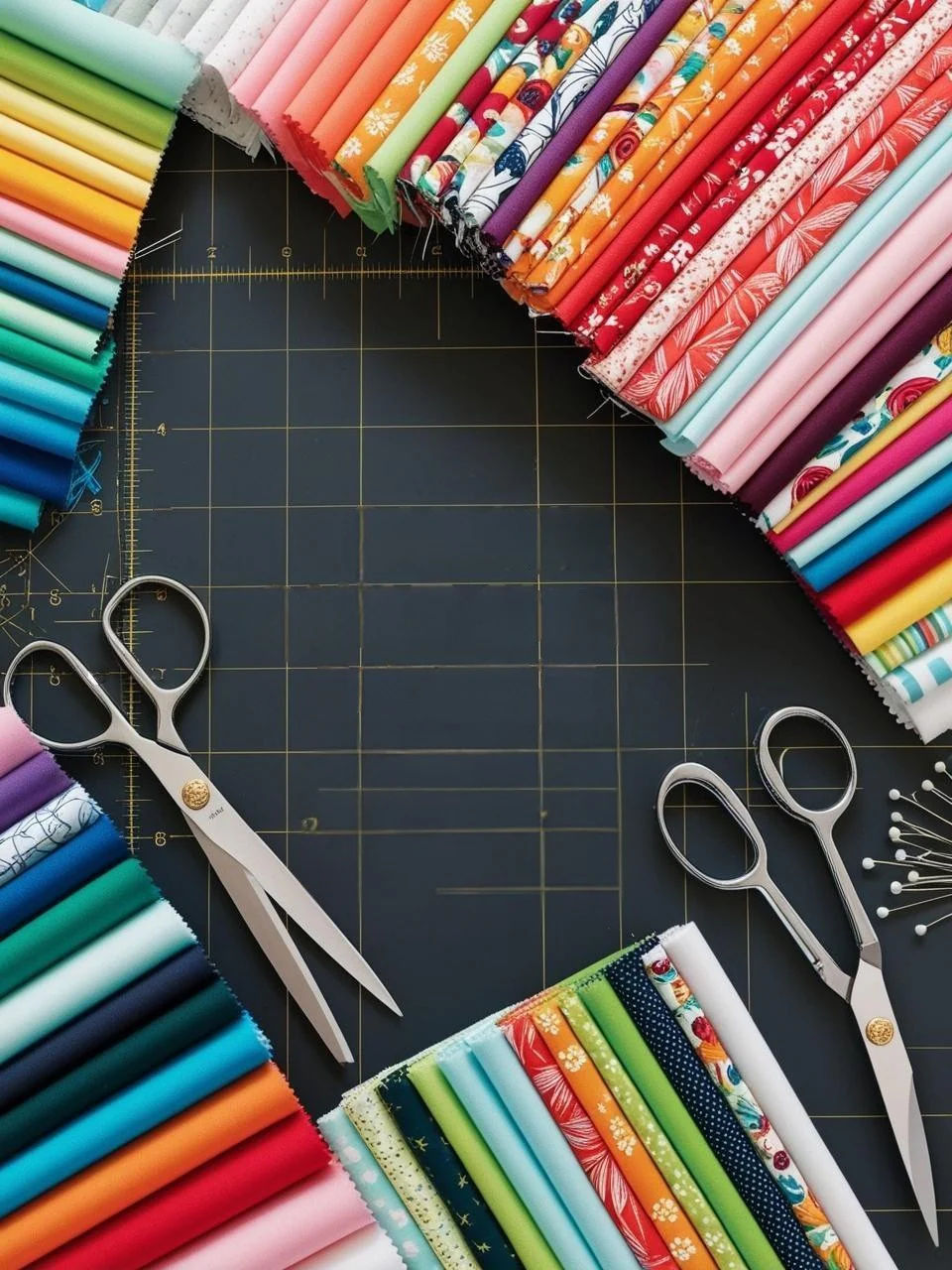 Quilting workspace with fabric, scissors, and pins from Let's Make It!
